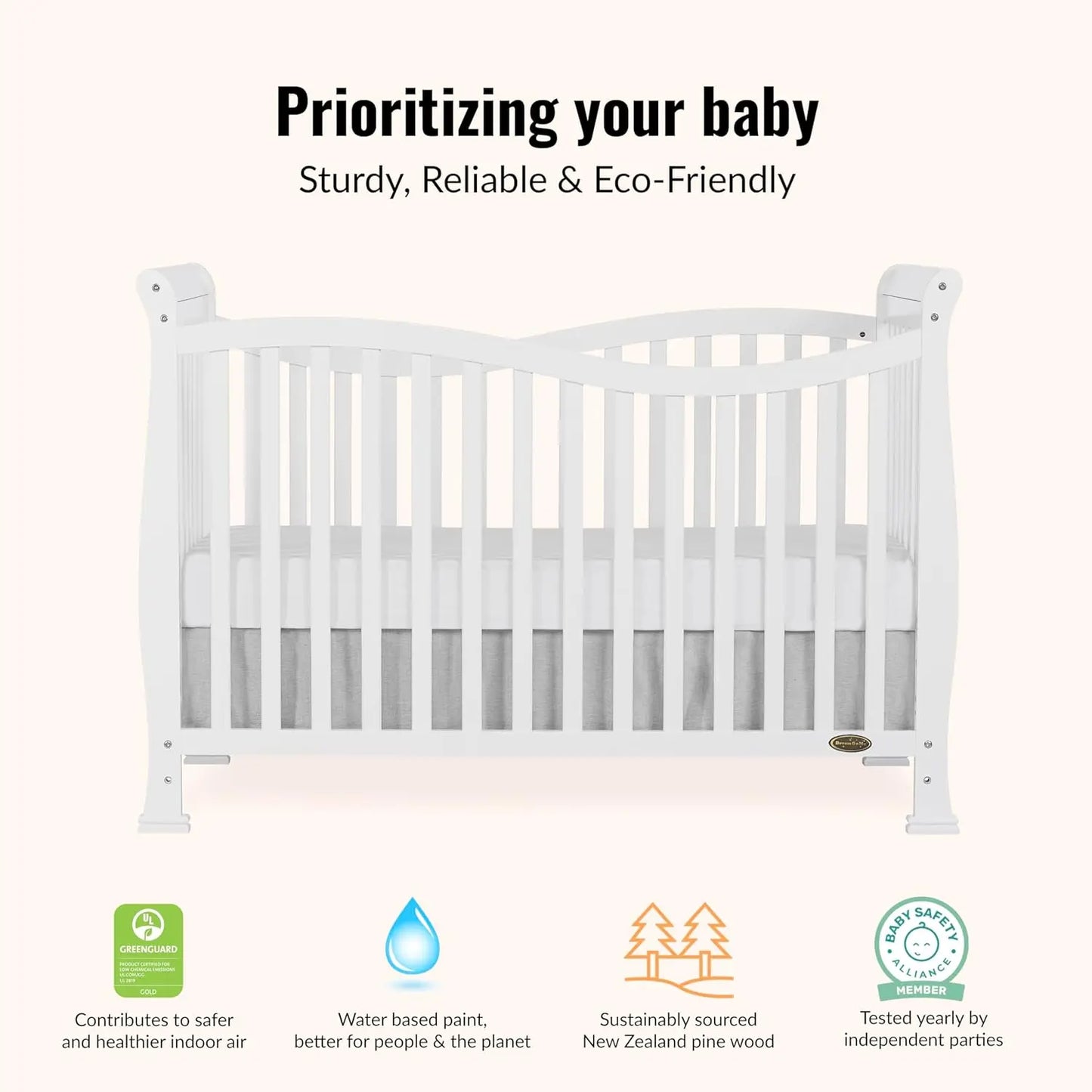 7-in-1 Convertible Full-Size Baby Crib in White, Greenguard Gold Certified, Adjustable Mattress Heights, Sustainable Pinewood