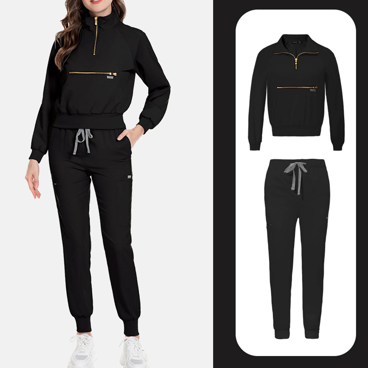 Women Nurse Scrub Set Stand Collar Zip Long Sleeve Uniform