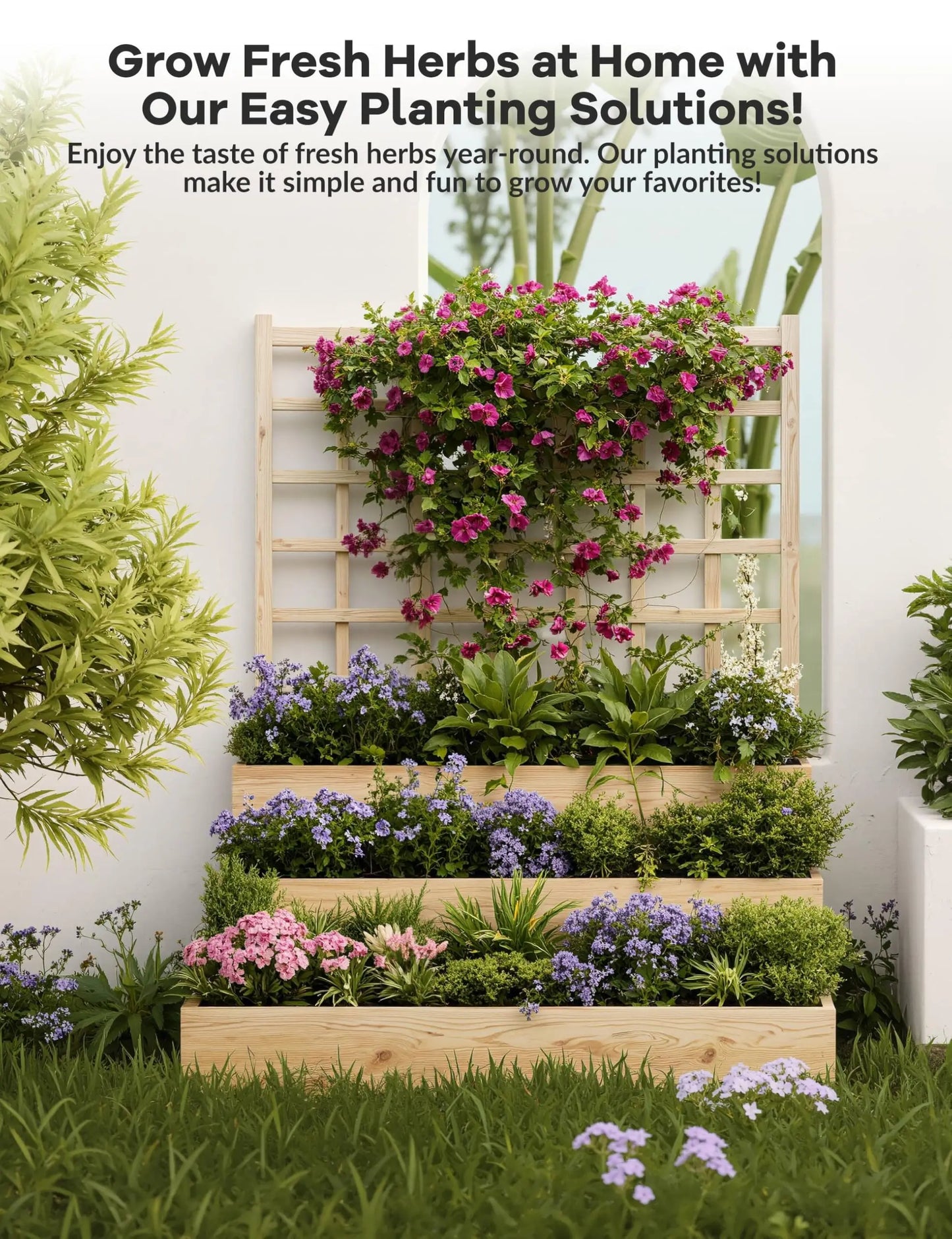 HiMISS 3 Tier Garden Bed With Trellis Wooden Planter Outdoor