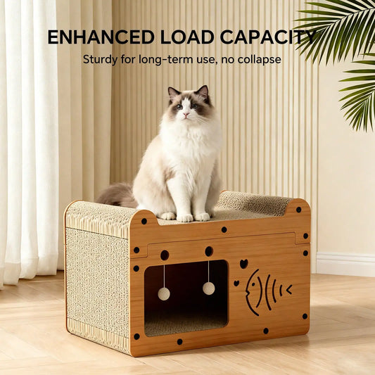 Cat Cardboard Scratcher And Resting Bed With Hanging Toys