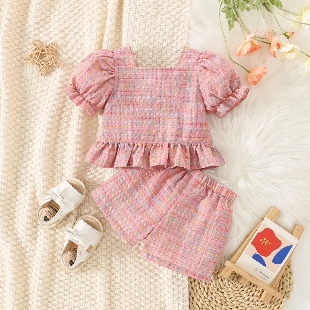 Girls Summer Cotton Plaid Bubble Sleeve Top And Shorts Set