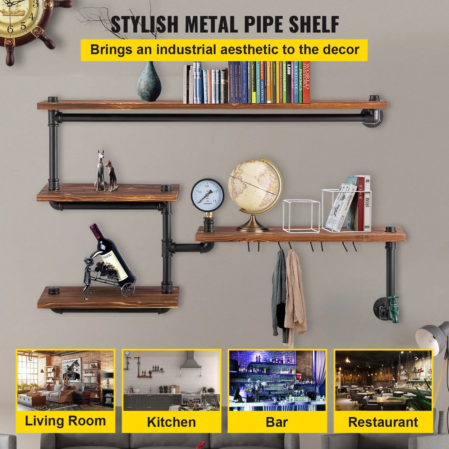 Industrial Pipe Shelves Wall Mount 4-Tier Rack with Wood Planks