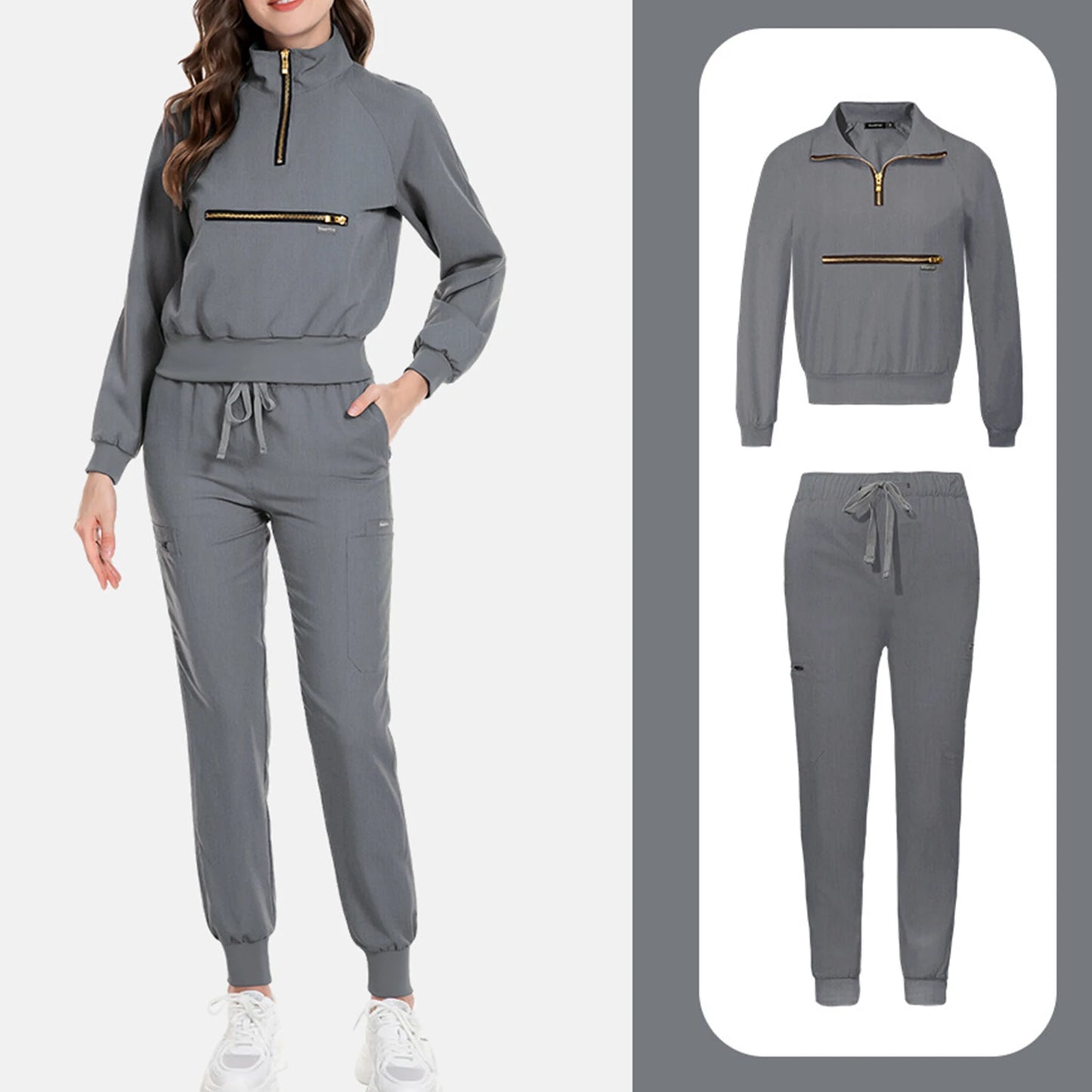 Women Nurse Scrub Set Stand Collar Zip Long Sleeve Uniform