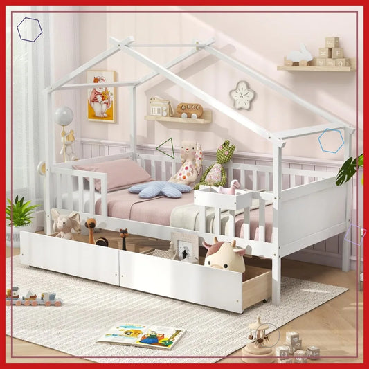Kids Twin House Bed With Drawers And Wooden Frame