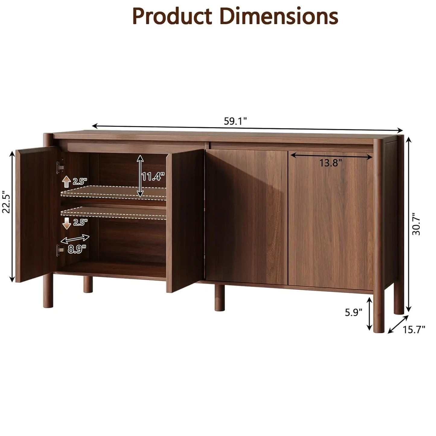 HUANZHUANG Walnut Buffet Cabinet With 4 Doors And Shelves