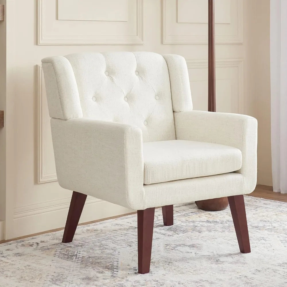 Button-Tufted Upholstered Living Room Chair With Linen Fabric Mid Century