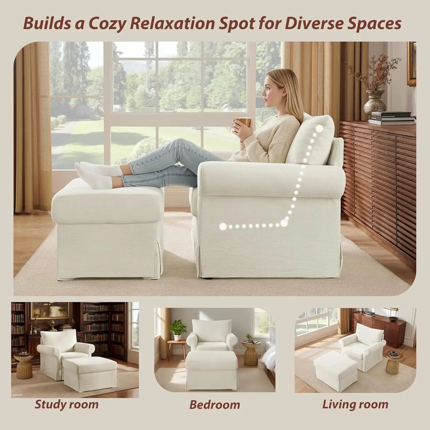 Modern Chenille Reading Armchair With Ottoman Set For Relaxation