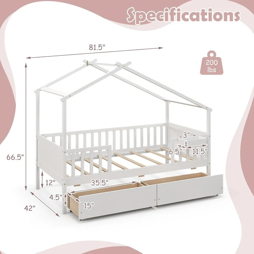 Kids Twin House Bed With Drawers And Wooden Frame