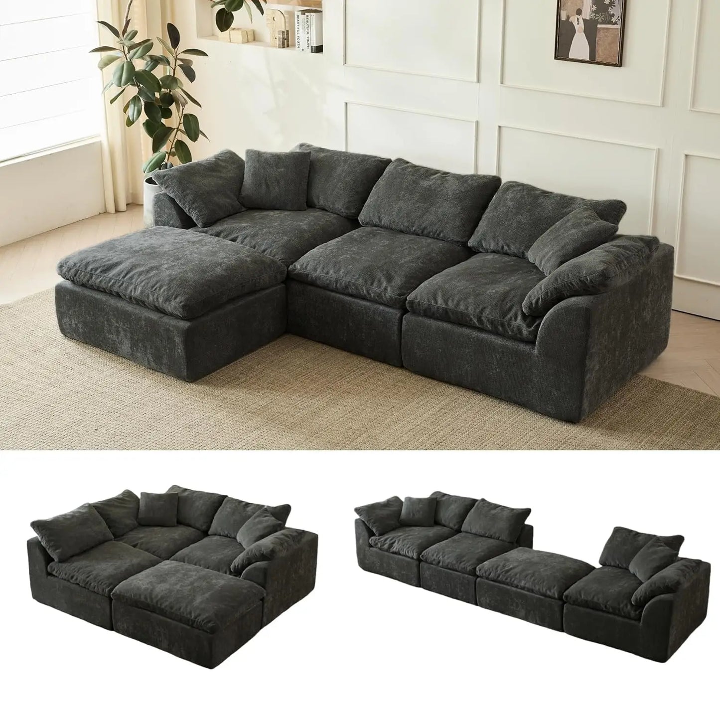 110in Modular Sectional Sofa L-Shape Convertible Sofa Bed with Ottoman 3 Seater Living Room Furniture Custom