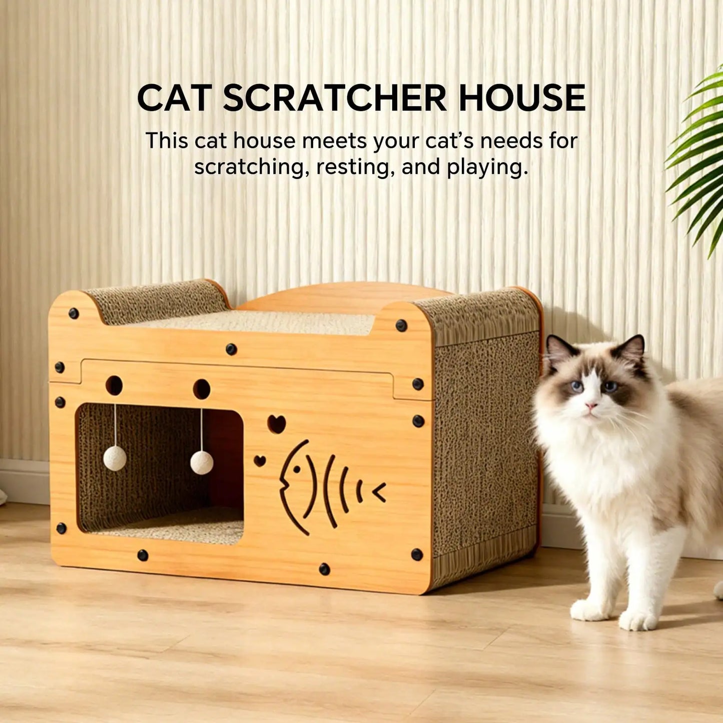 Cat Cardboard Scratcher And Resting Bed With Hanging Toys