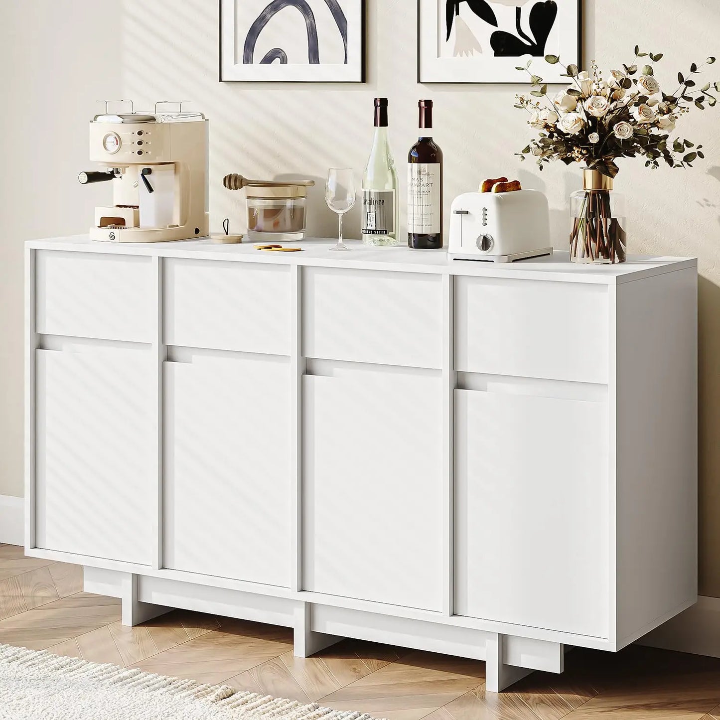 HUANZHUANG Walnut Buffet Cabinet With 4 Doors And Shelves