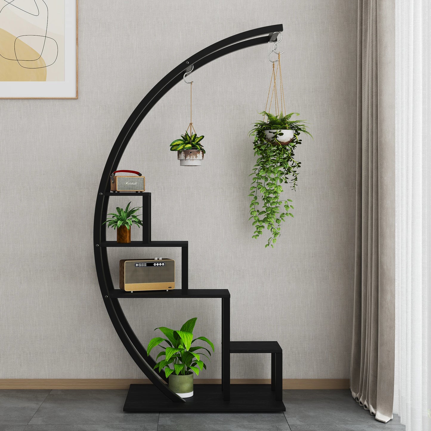 HiMISS 5-Tier Half Moon Metal Plant Stand With 6 Hooks