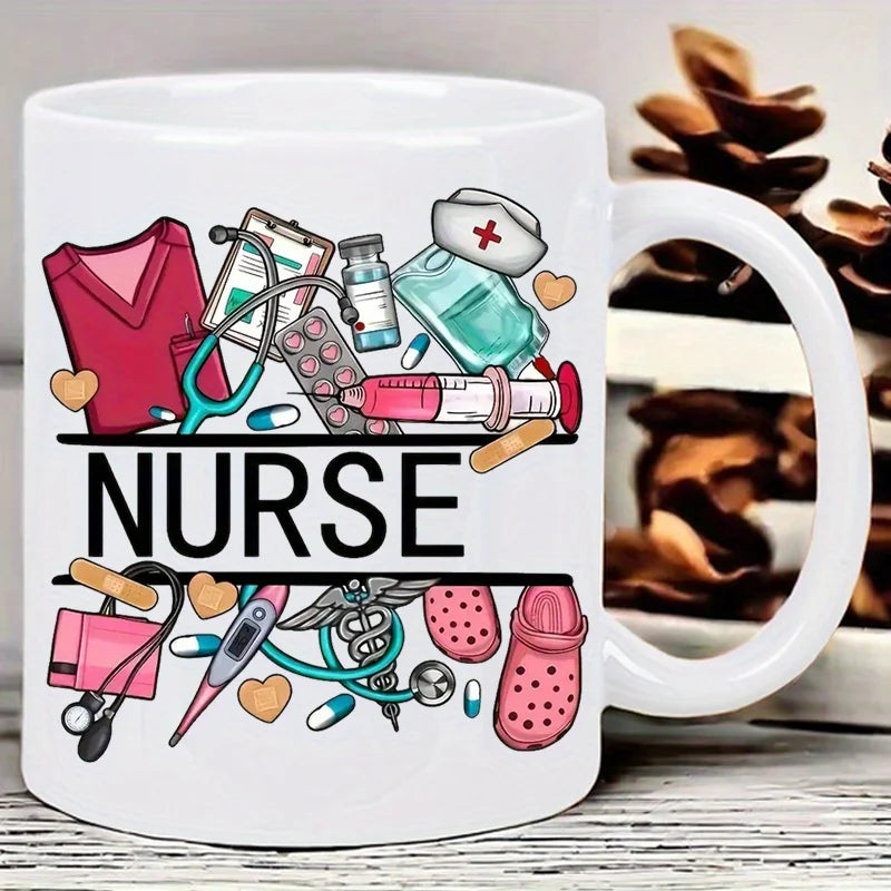 Nurse Themed Ceramic Coffee Mug With Medical Illustrations