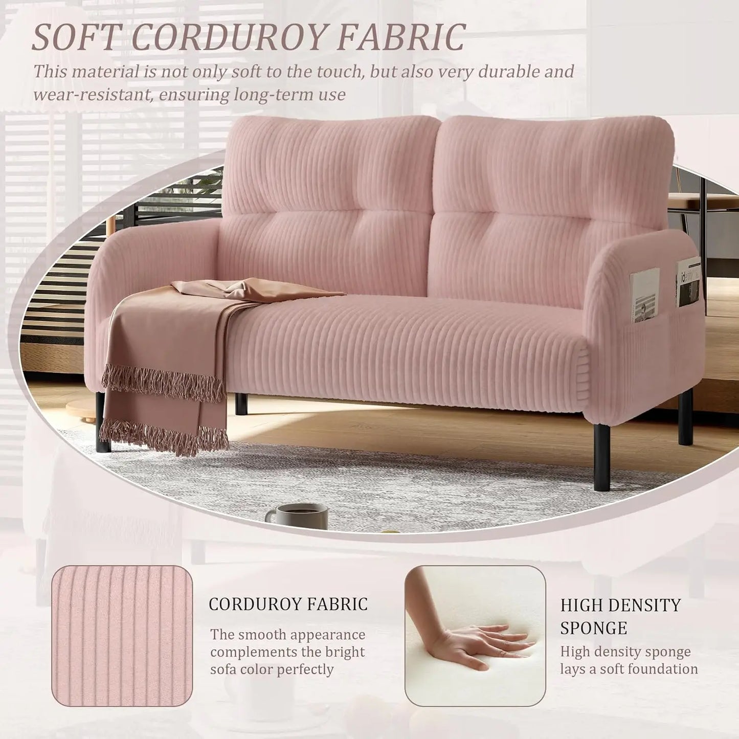 Corduroy Upholstered Loveseat Sofa, Sturdy 2-Seater Couch with Thick Cushions, Space-Saving Double Sofa for Living, Customized