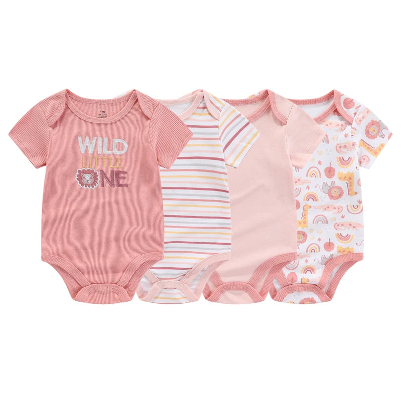 Cartoon Summer Cotton Bodysuits 4 Piece Unisex Baby Jumpsuit Set