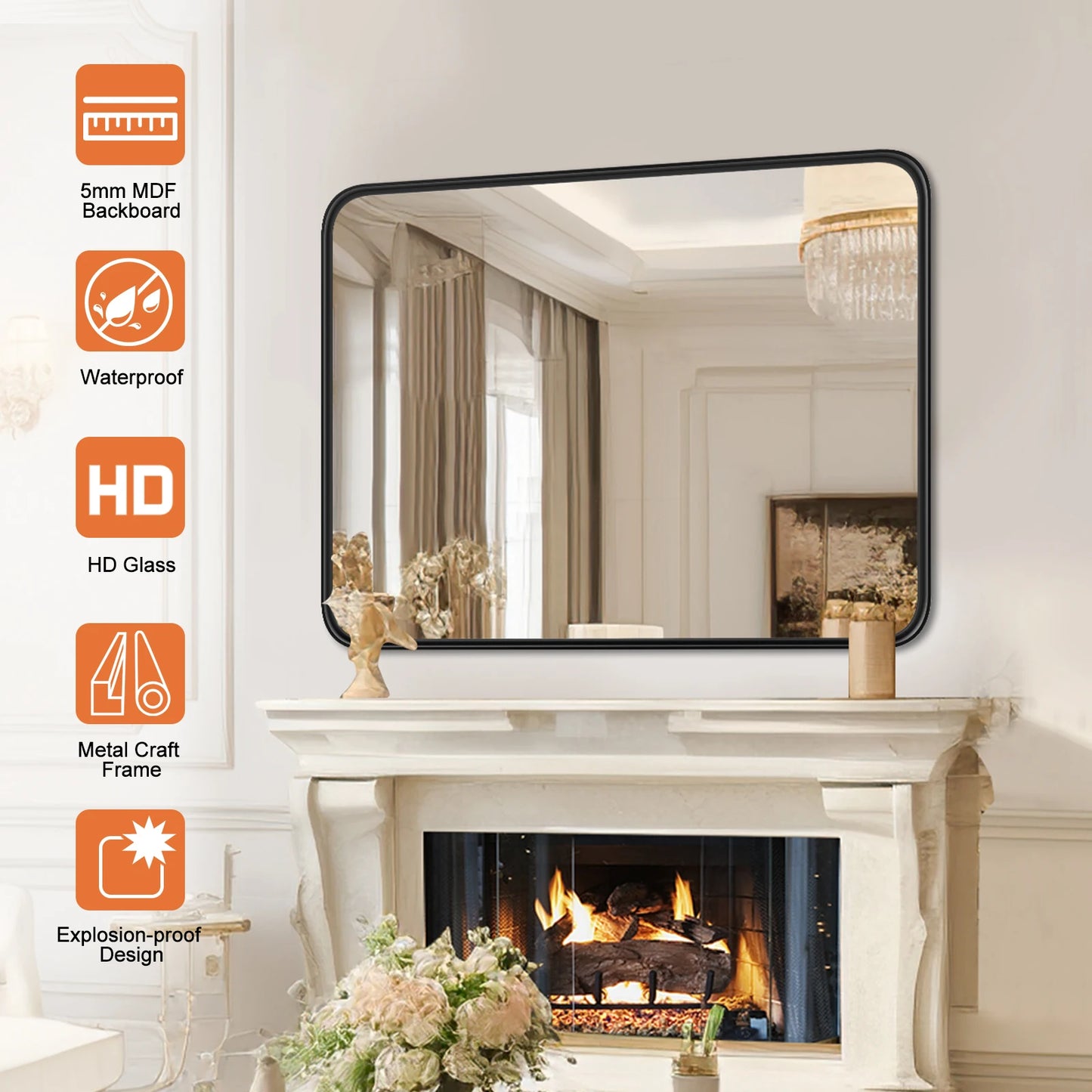 JHK Matte Metal Framed Bathroom Mirror Rectangle Rounded Corner Tempered Glass