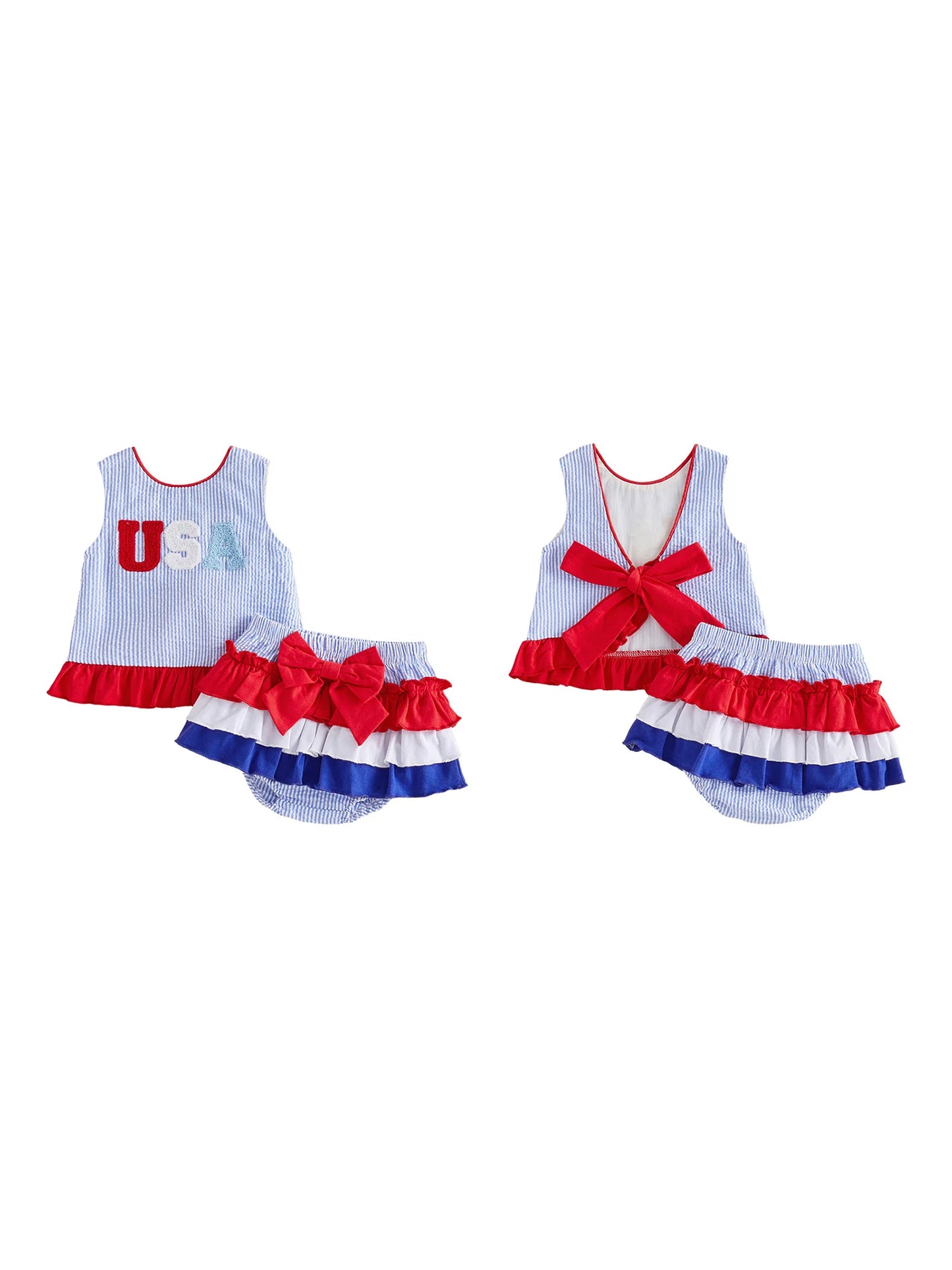 Independence Day Toddler Outfit Set With Stripe Top And Ruffle Skirt Shorts