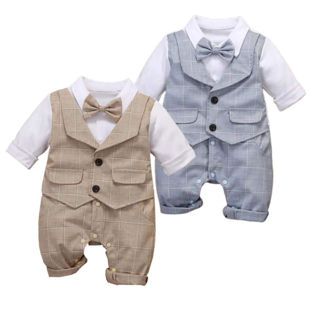 Kabeier Plaid Cotton Toddler Boy Formal Romper Vest Outfit