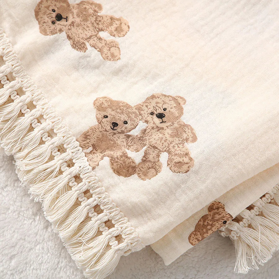 Bear Print Muslin Cotton Baby Blanket For Newborn Swaddle