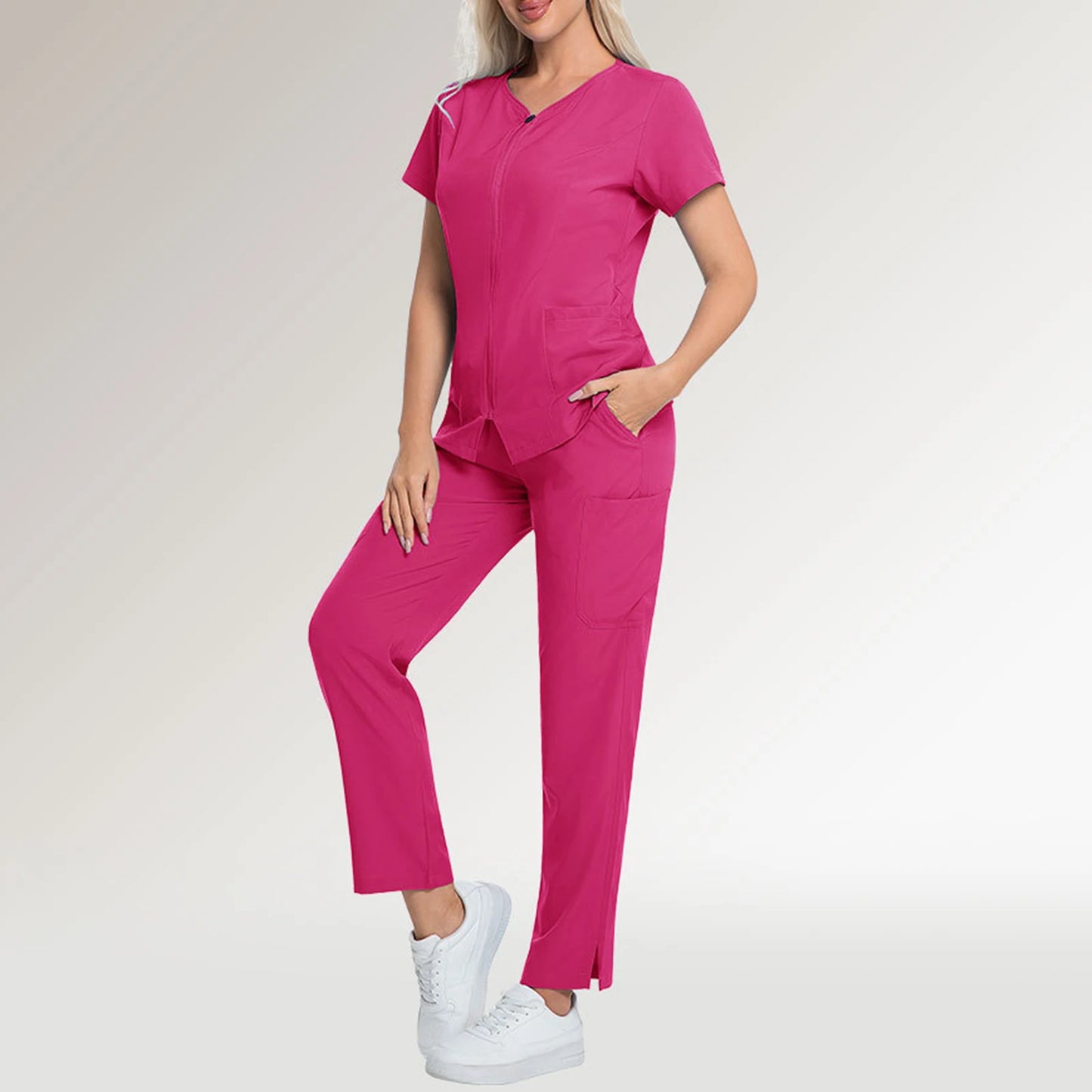 Women's Nurse Scrub Set V-Neck Short Sleeve Zipper Medical Uniform