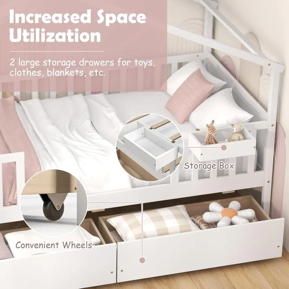 Kids Twin House Bed With Drawers And Wooden Frame