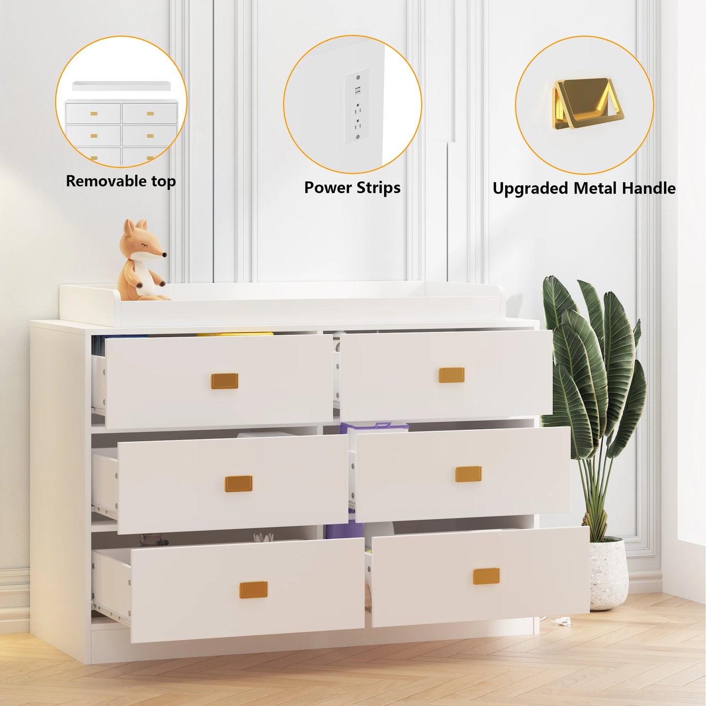 Dresser for Bedroom with 6 Drawers, Changing Table Dresser with Changing Table Top, Nursery Dresser Diaper Changing Station