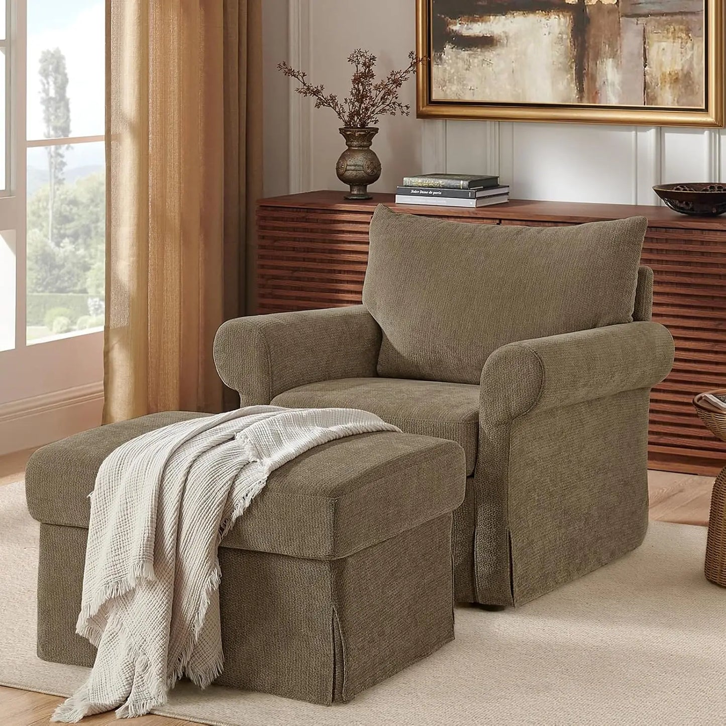 Modern Chenille Reading Armchair With Ottoman Set For Relaxation