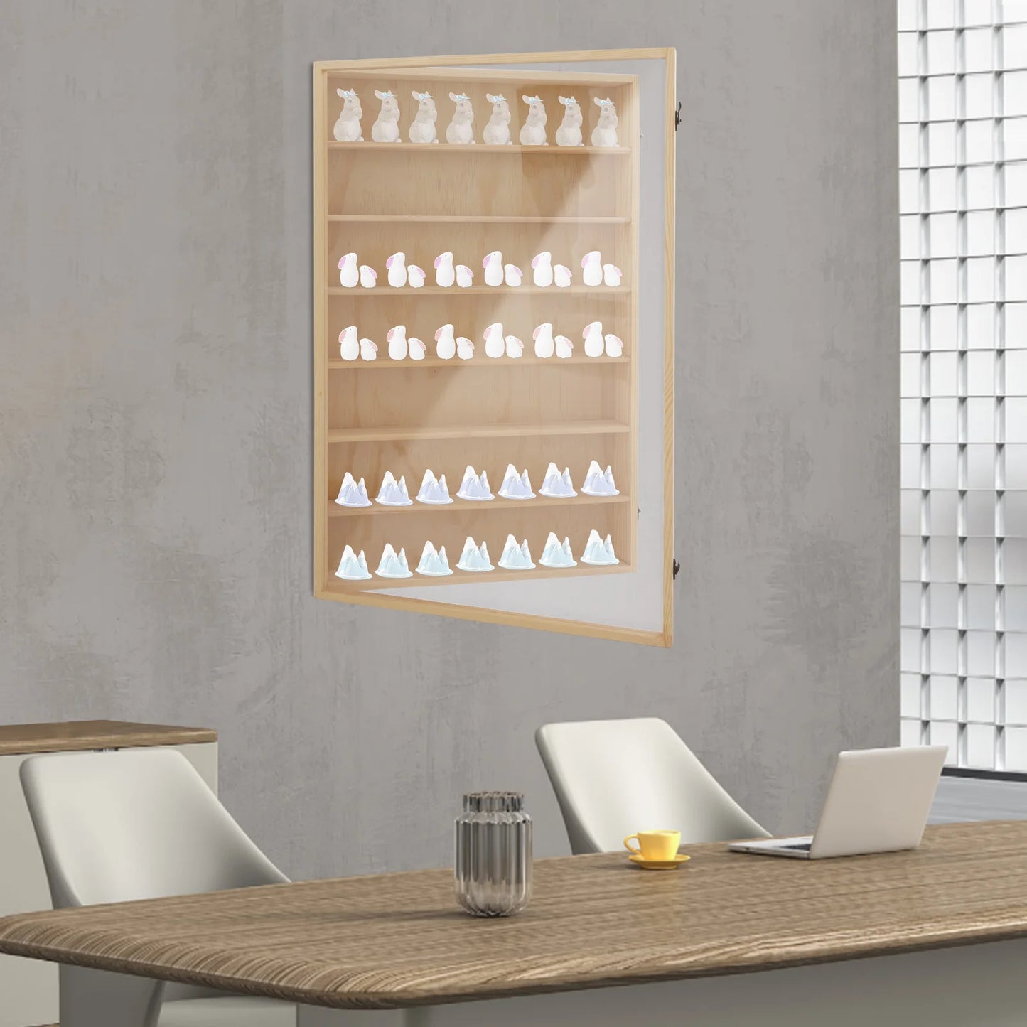 7-Tier Wooden Wall Mounted Display Cabinet With Dust-Proof Acrylic Door