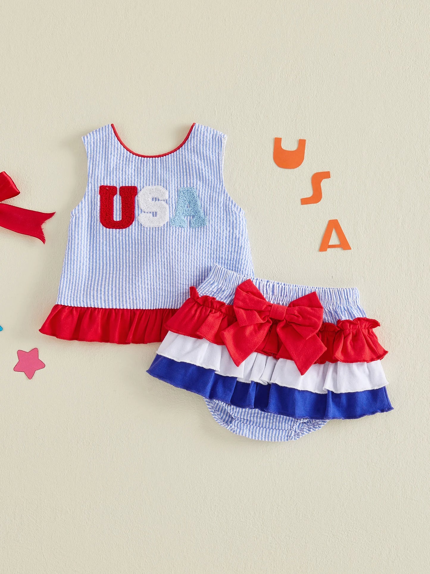 Independence Day Toddler Outfit Set With Stripe Top And Ruffle Skirt Shorts