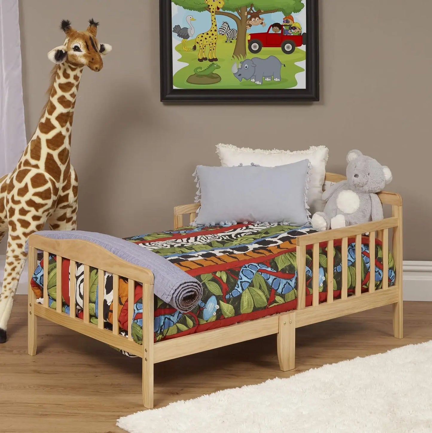 Natural Pine Toddler Bed for Kids, Easy Access with Guardrails, Fits Crib Mattress