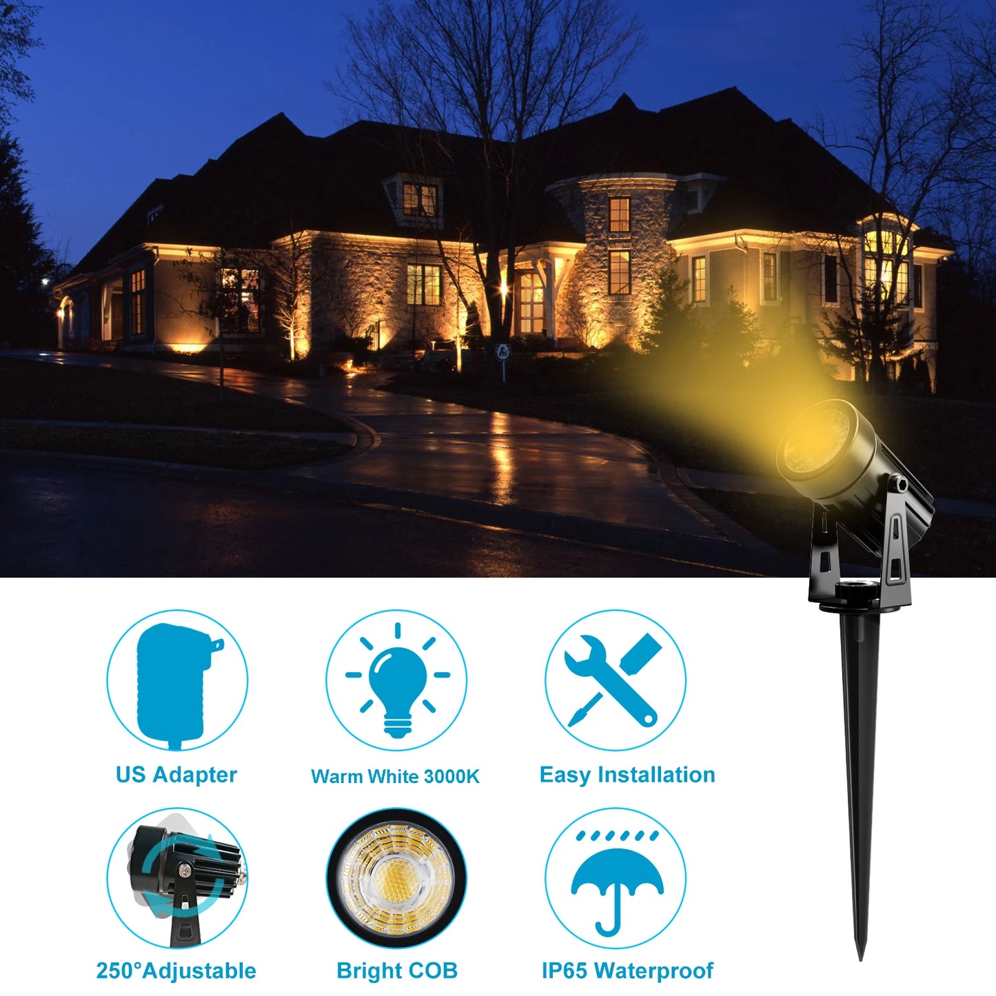 T-SUNRISE US Plug COB LED Landscape Spotlight, IP65 Waterproof