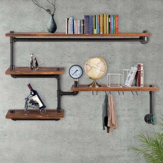 Industrial Pipe Shelves Wall Mount 4-Tier Rack with Wood Planks