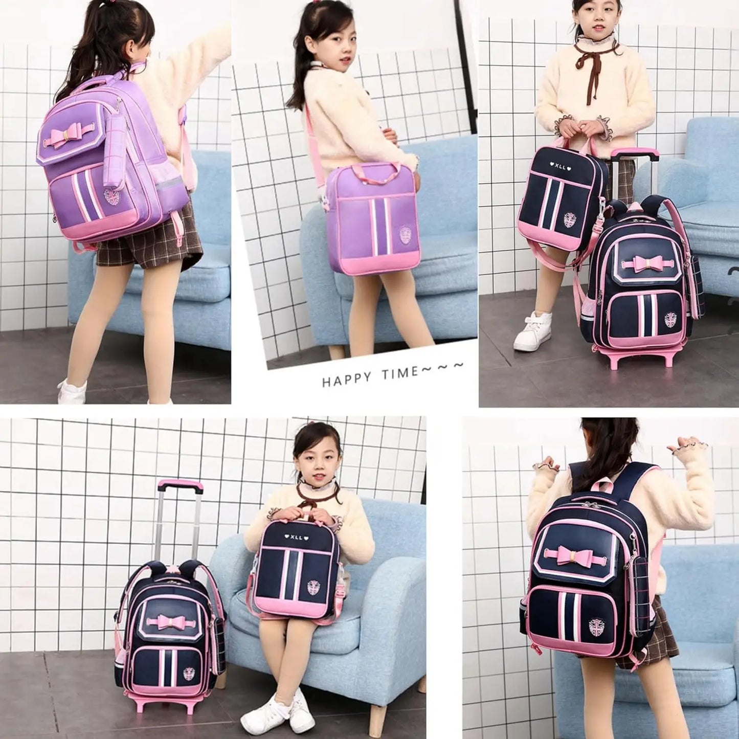 Caster Rolling Backpack For Girls With Wheels And Lunch Bag