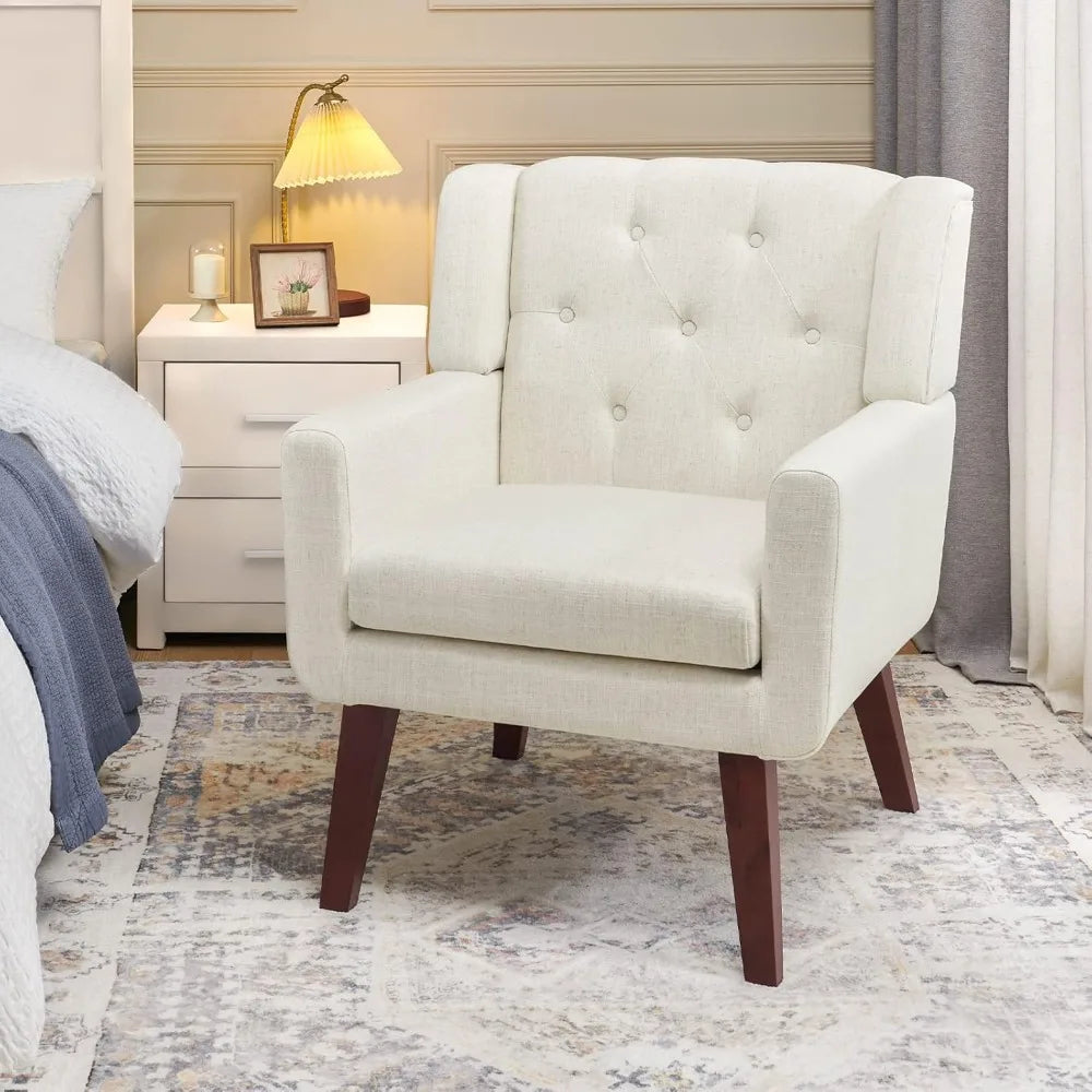 Button-Tufted Upholstered Living Room Chair With Linen Fabric Mid Century