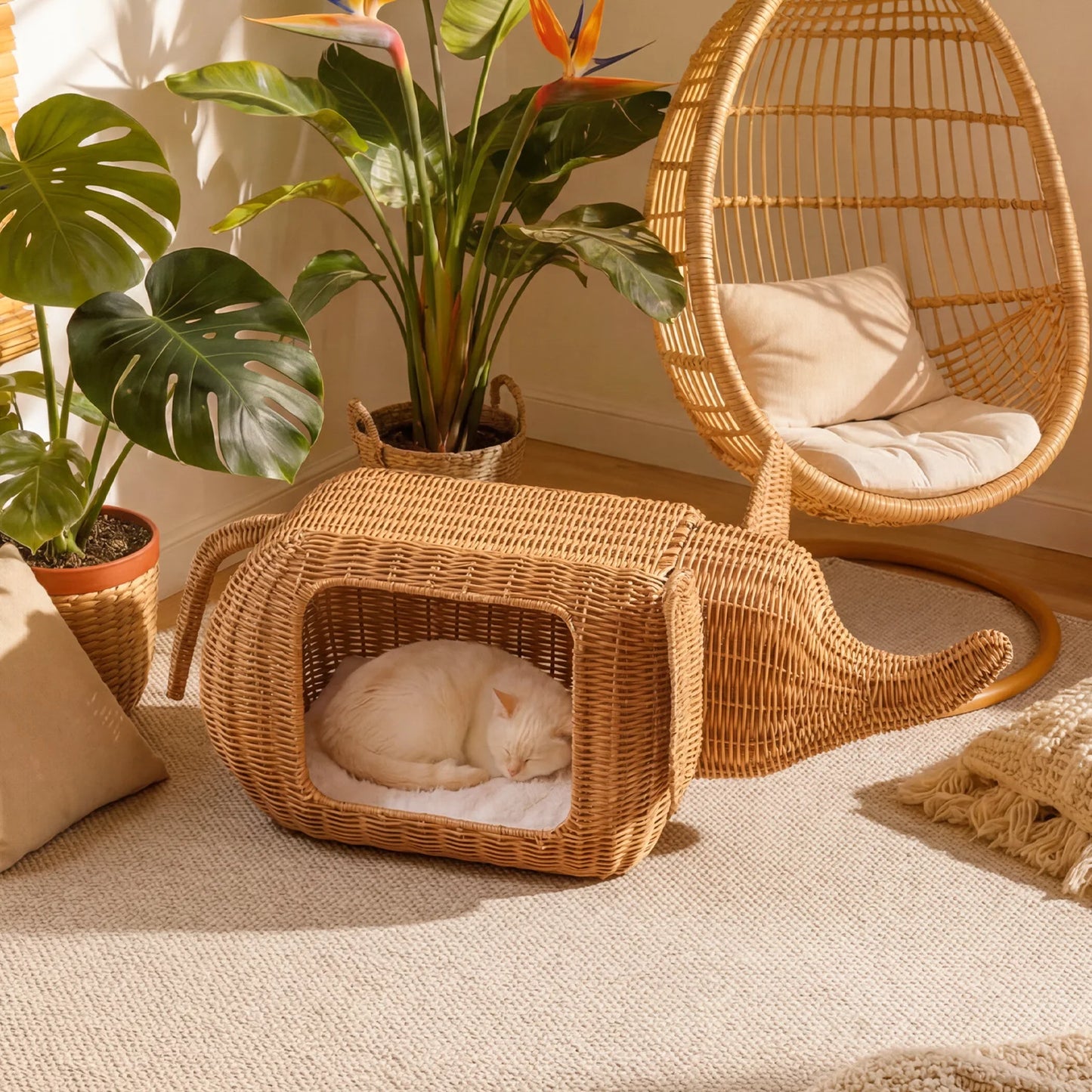 PEQULTI Elephant Rattan Cat Condo Bed With Plush Cushioned Hideaway