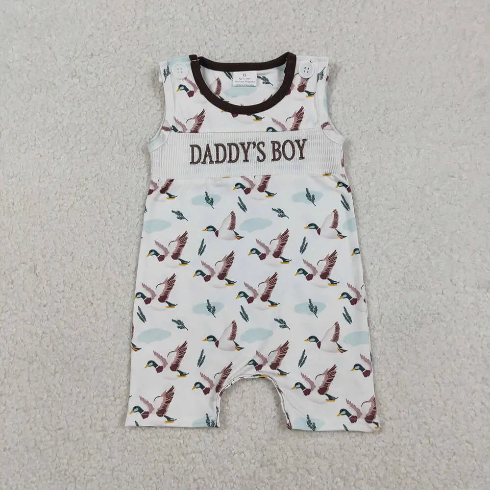 Smocked Daddy's Boy Baby Rompers Ducks Hunting Sleeveless