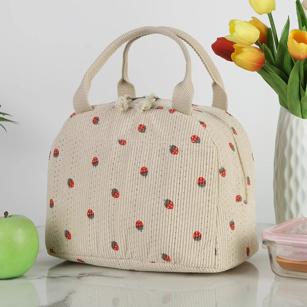 Strawberry Daisy Corduroy Insulated Lunch Bag Large Capacity