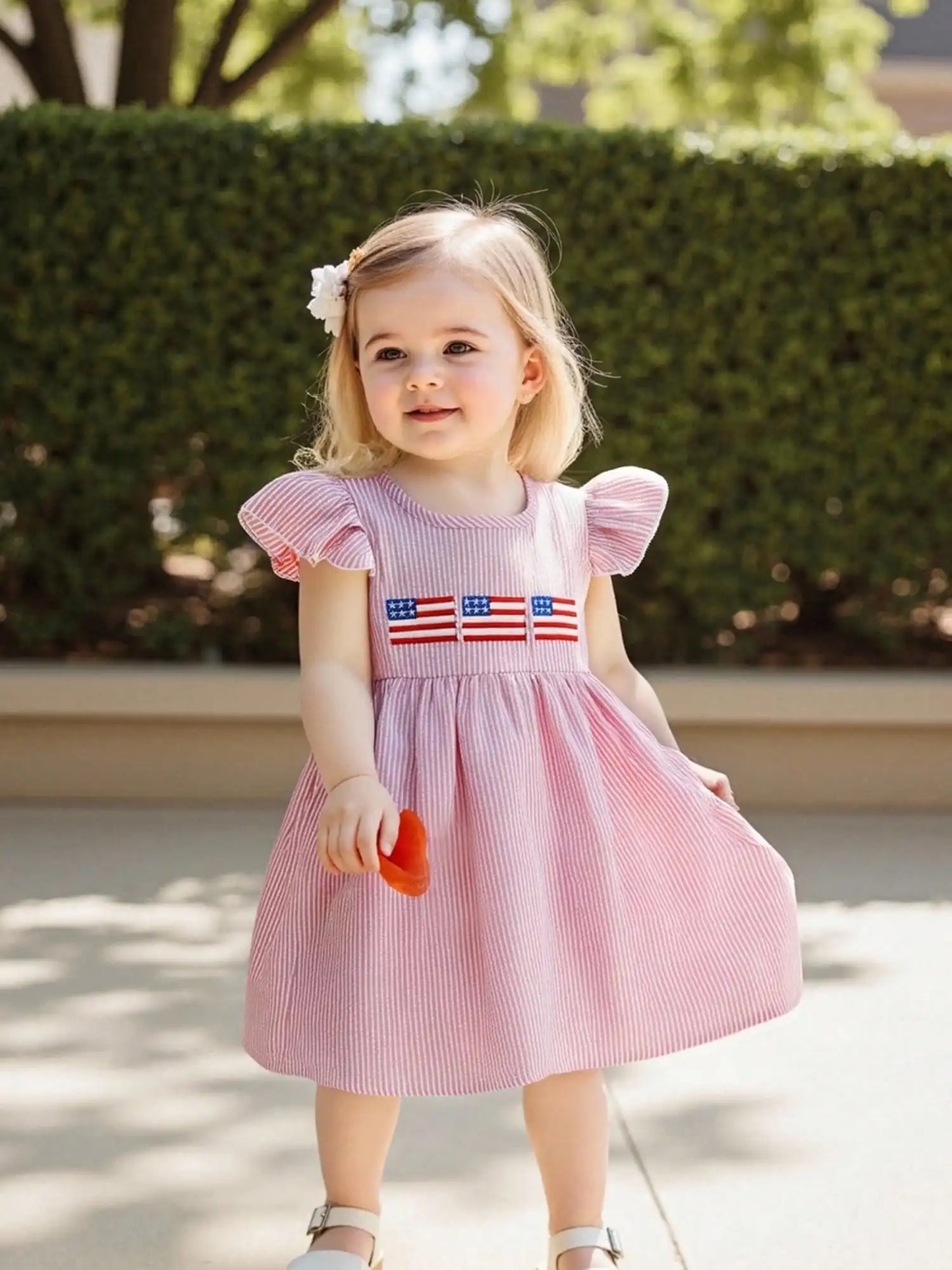 Fourth Of July Toddler Girl American Flag Smocked Dress